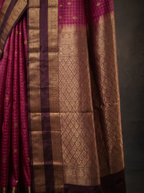 Wine Semi Silk Kanchipuram Saree with Dark Brown Gold Zari Border & Checked Weave