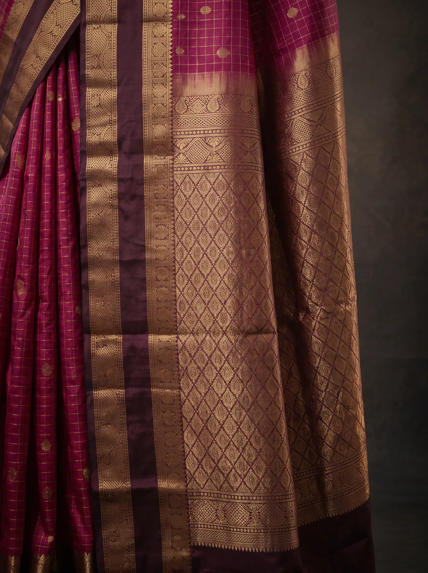Wine Semi Silk Kanchipuram Saree with Dark Brown Gold Zari Border & Checked Weave
