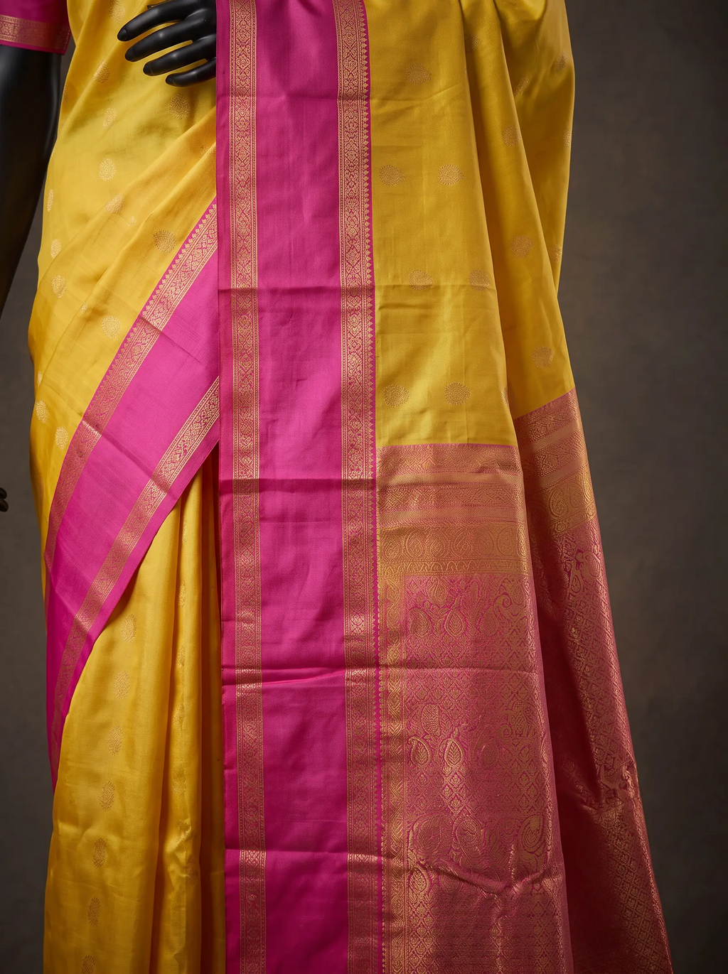 Mustard Yellow Semi Silk Saree with Rani Pink Gold Zari Border & Woven Buttas
