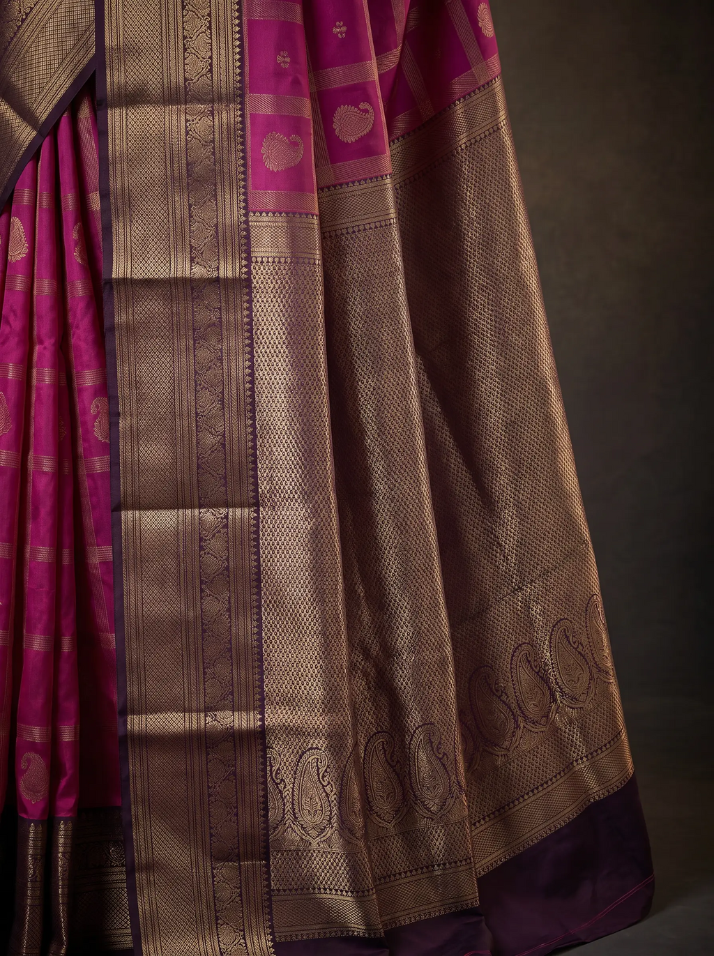 Magenta Pink Semi Kanchipuram Silk Saree with Purple Silver Zari Border & Checked Weave