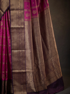 Magenta Pink Semi Kanchipuram Silk Saree with Purple Silver Zari Border & Checked Weave