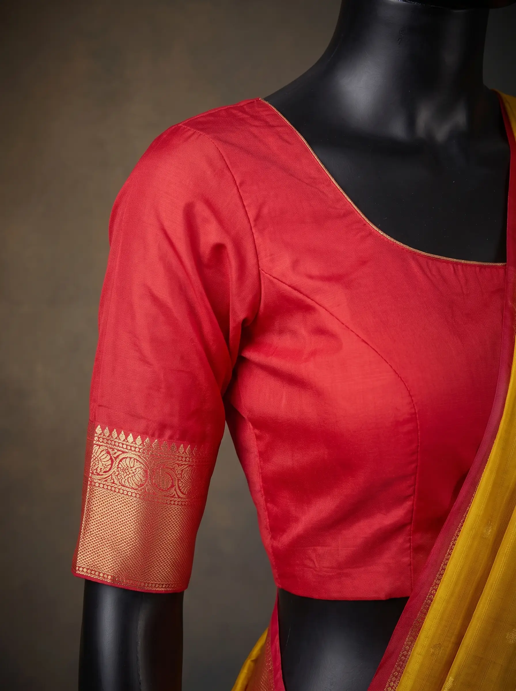 Mustard Yellow Semi Kanchipuram Silk Saree with Red Gold Zari Border & Woven Buttas