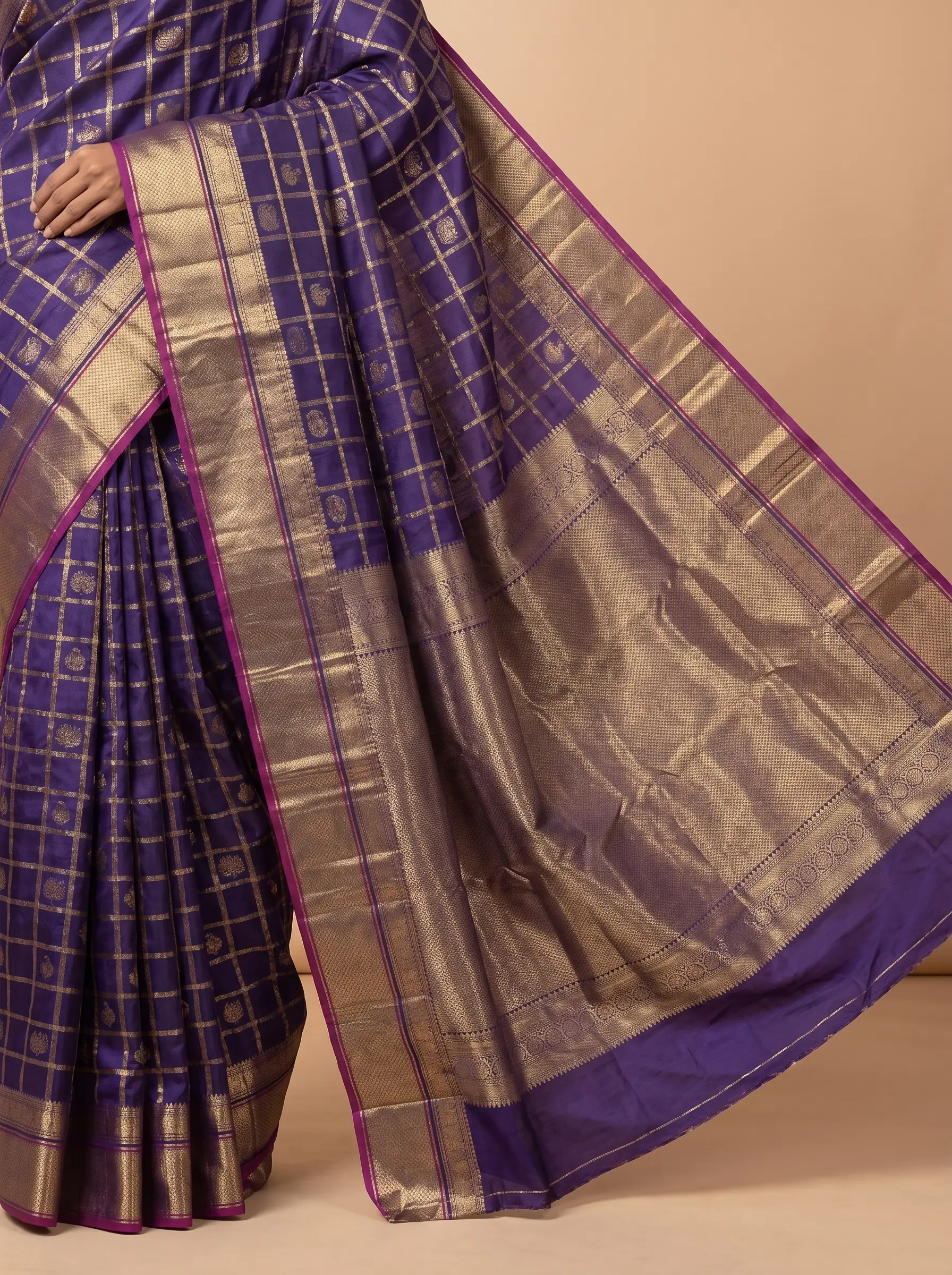 Navy Blue Kanjeevaram Silk with Magenta Gold Zari