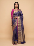 Navy Blue Kanjeevaram Silk with Magenta Gold Zari