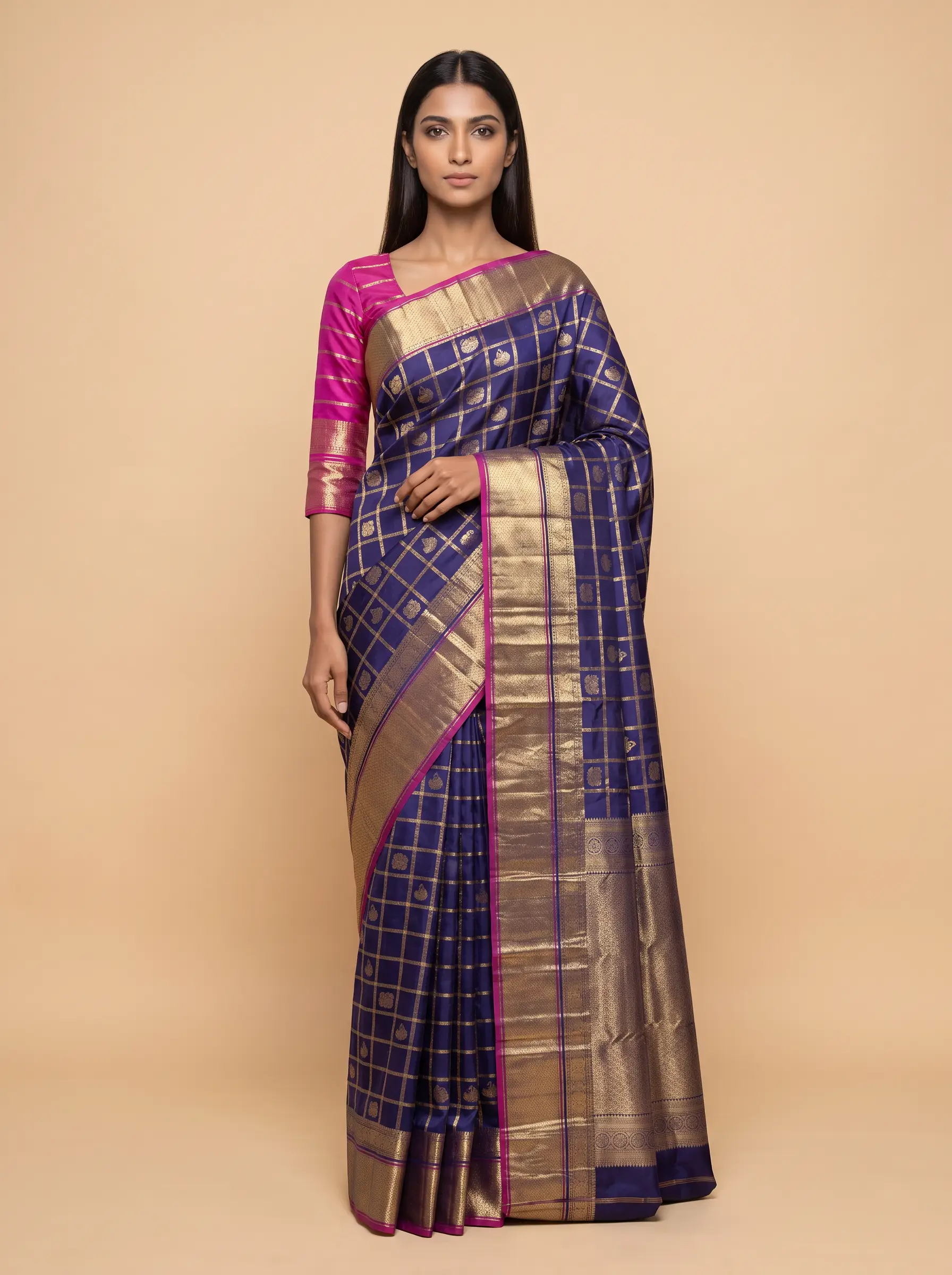 Mugdha Navy Blue Kanjeevaram Silk with Magenta Gold Zari