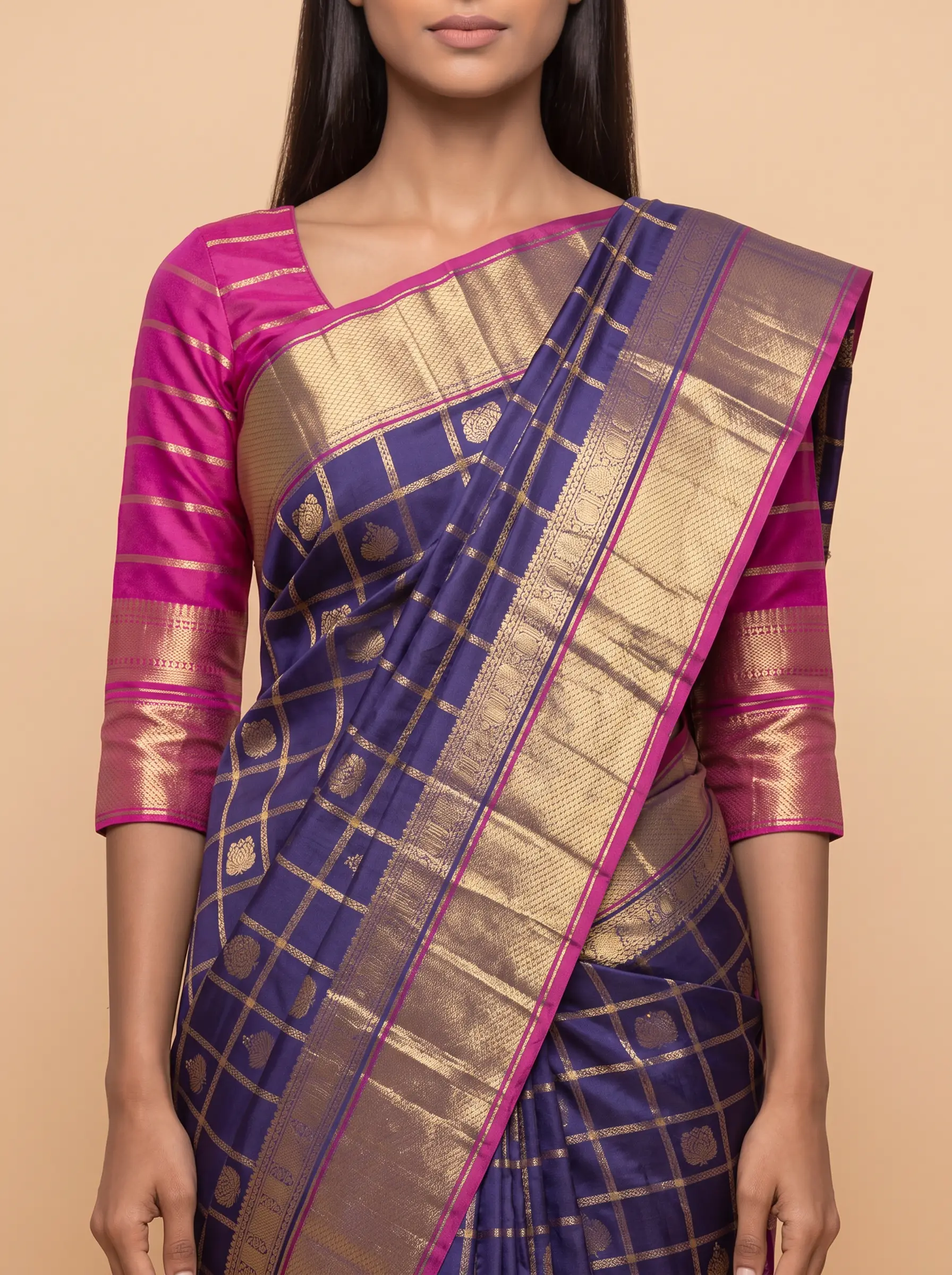 Navy Blue Kanjeevaram Silk with Magenta Gold Zari