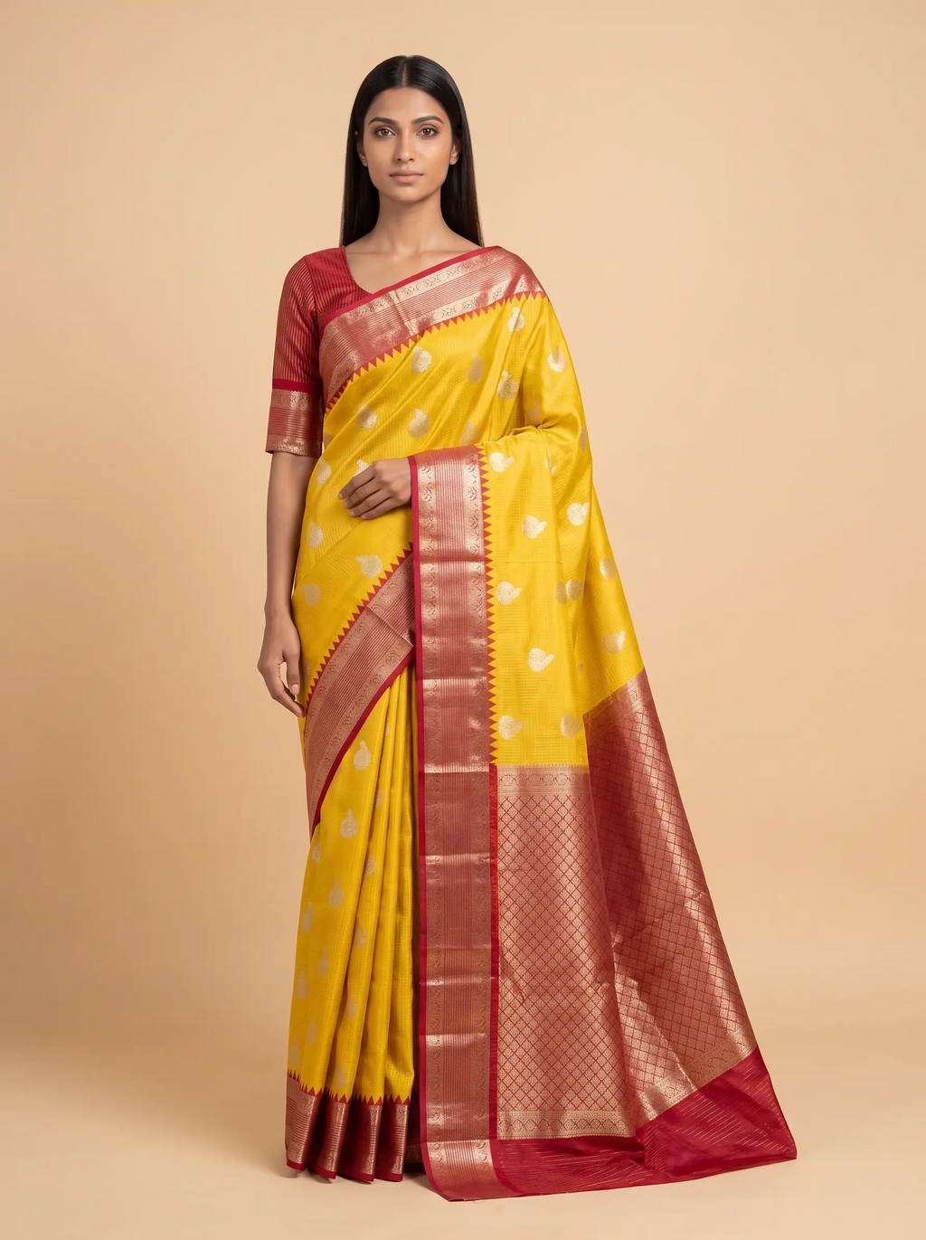 Mugda Yellow semi silk saree with Maroon border