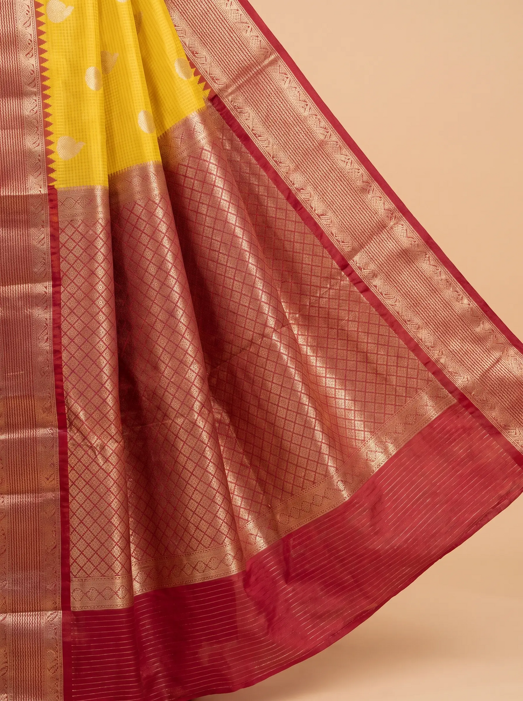 Mugda Yellow semi silk saree with Maroon border