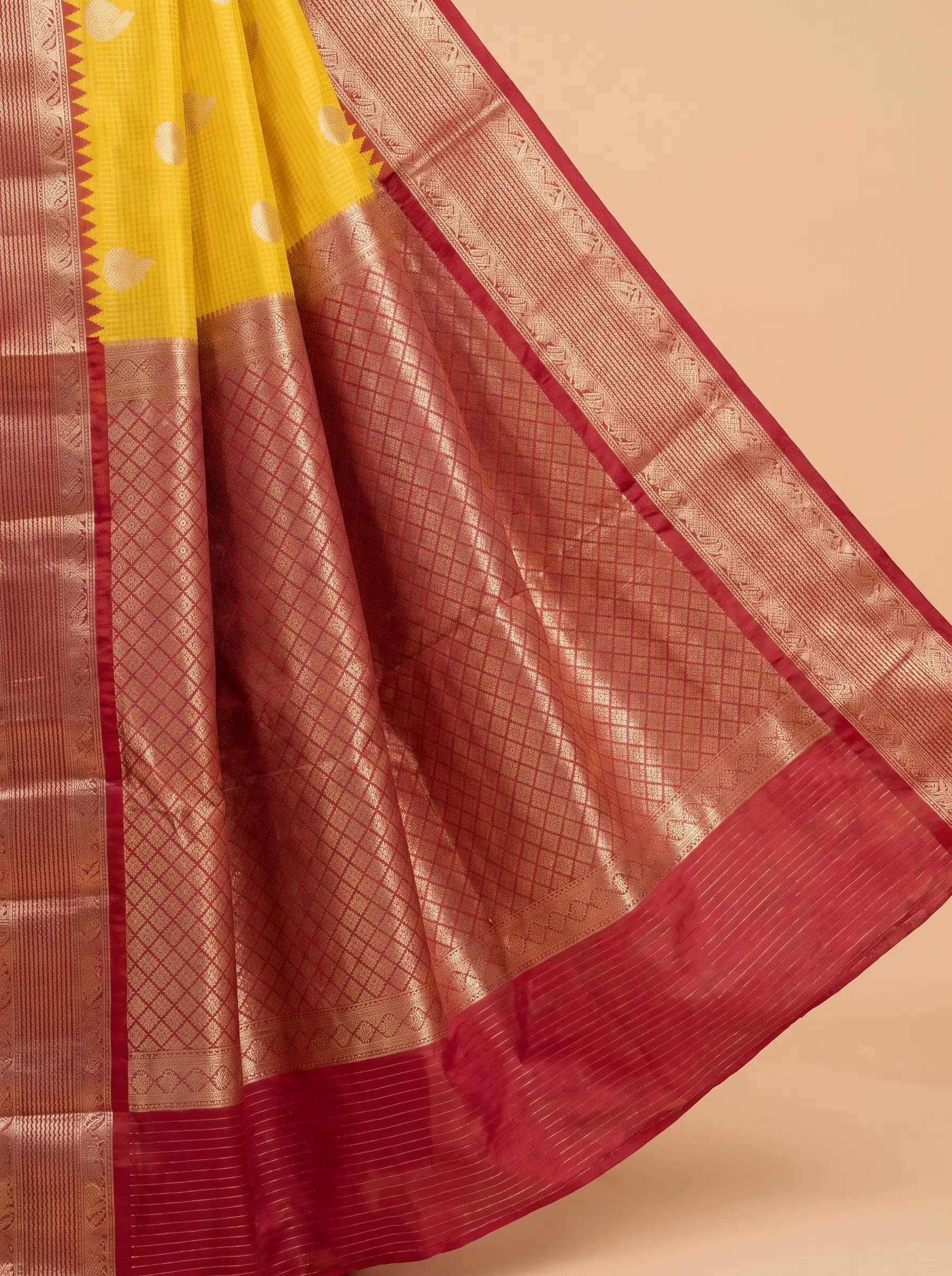 Mugda Yellow semi silk saree with Maroon border