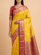 Mugda Yellow semi silk saree with Maroon border