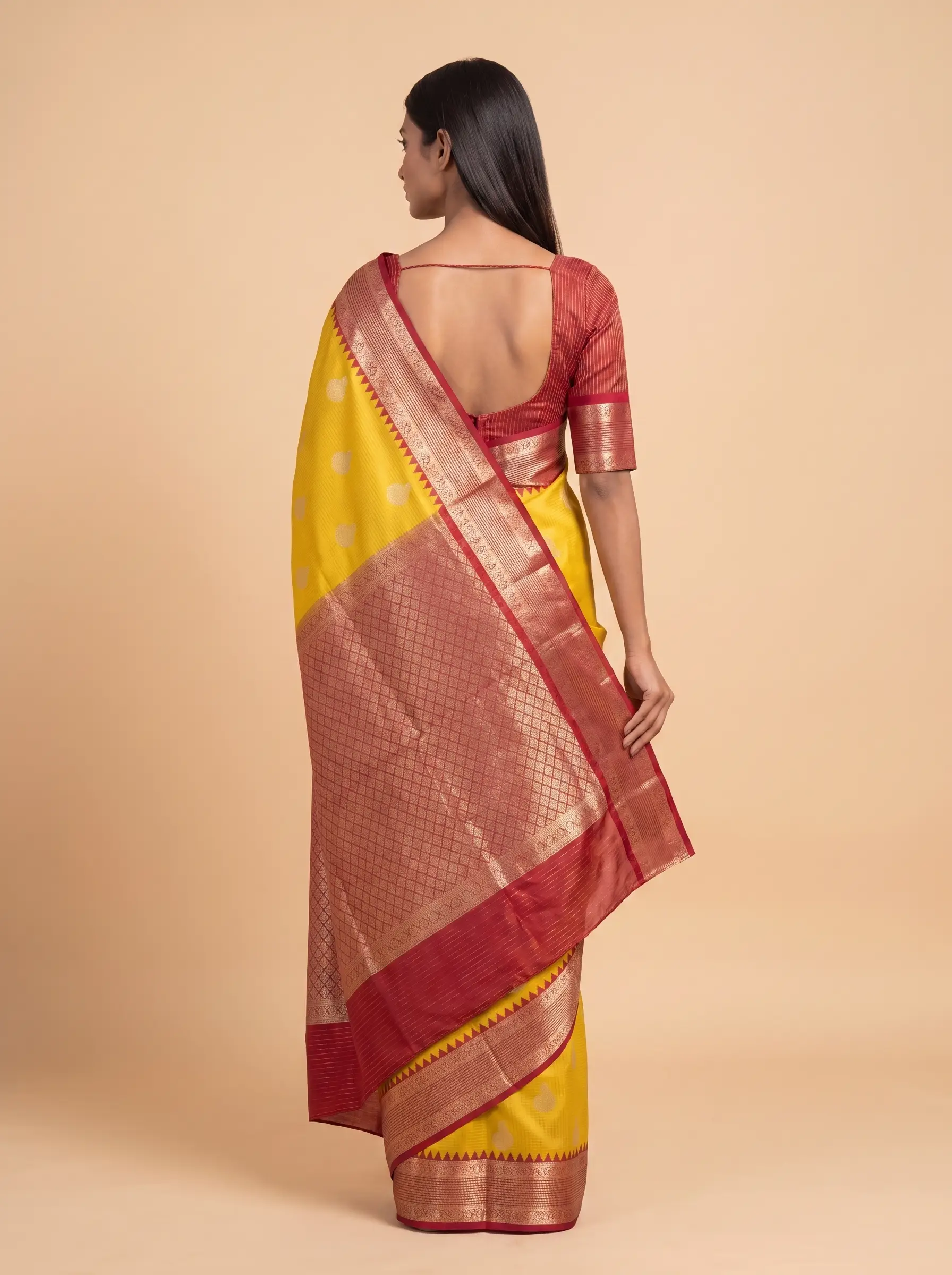 Mugda Yellow semi silk saree with Maroon border