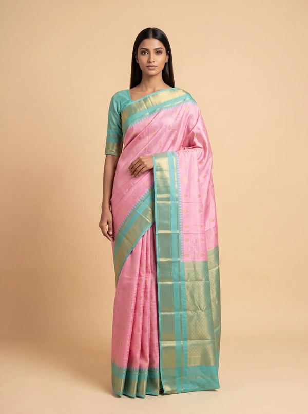 Mugdha Pink Semi Silk Saree with Green Border