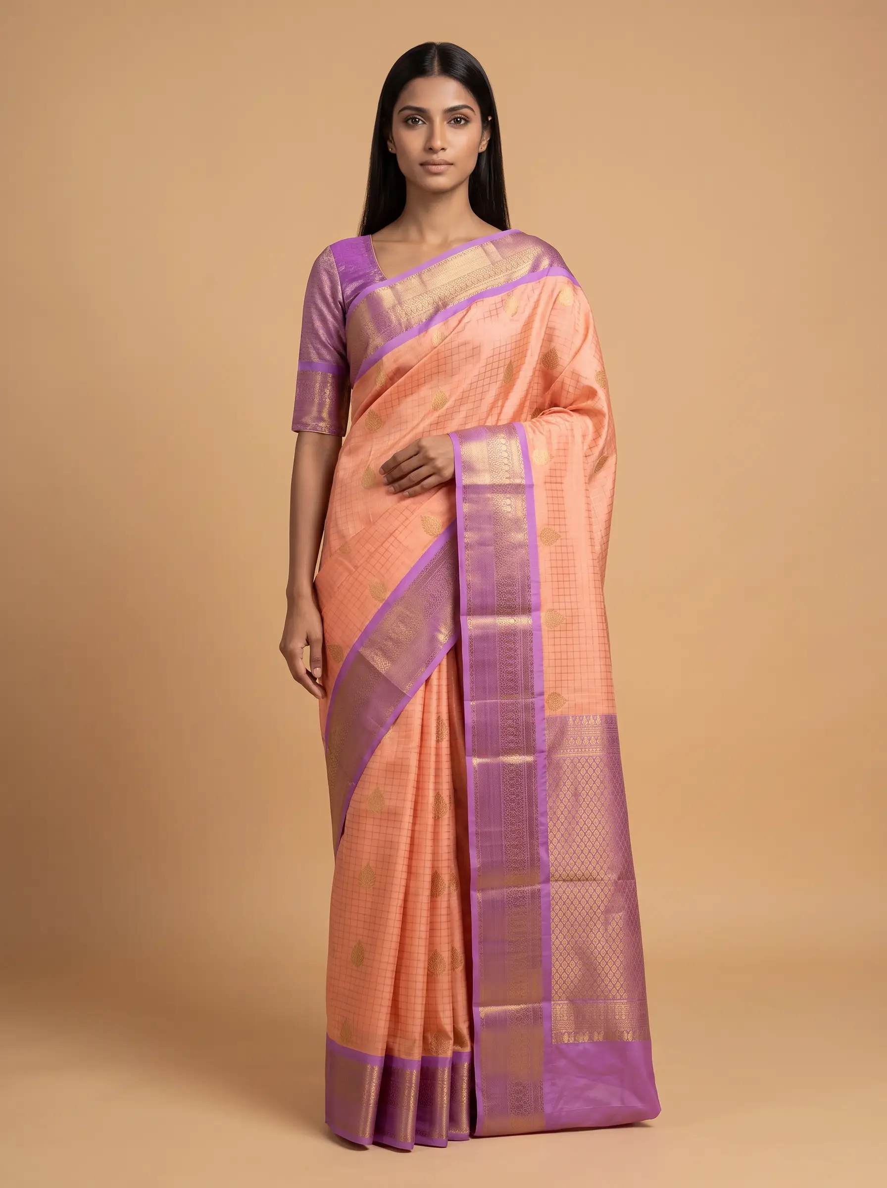 Mugdha orange Semi Silk with lavender Border