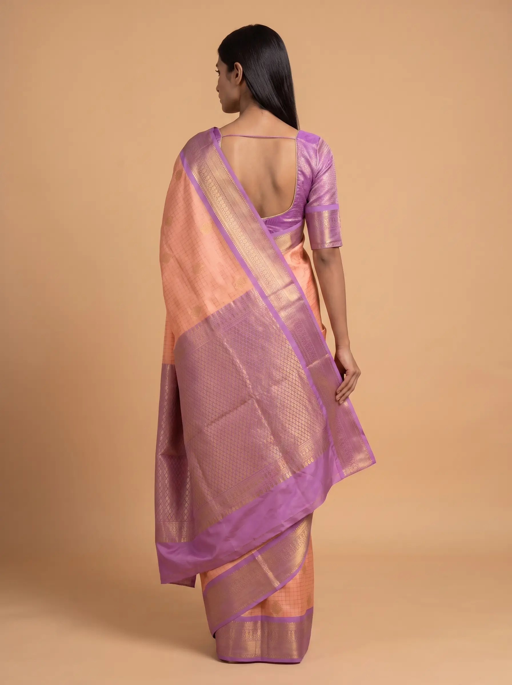 Mugdha orange Semi Silk with lavender Border