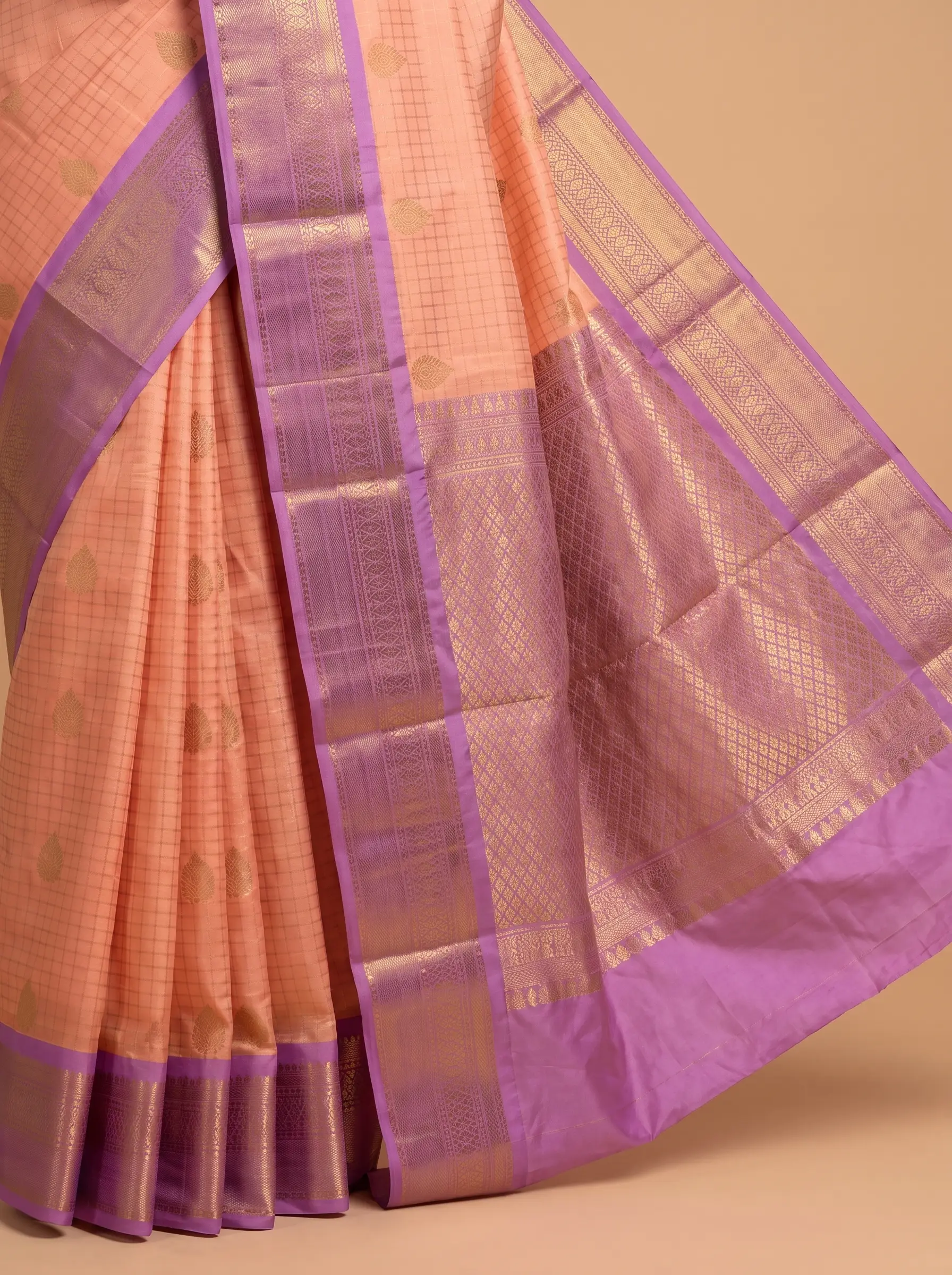 Mugdha orange Semi Silk with lavender Border