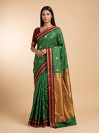 Bottle Green Semi Silk Saree With Maroon Bentex Border