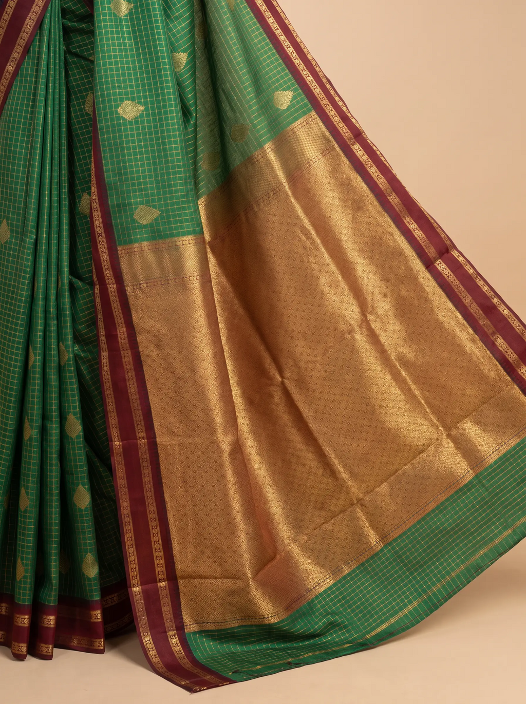 Bottle Green Semi Silk Saree With Maroon Bentex Border