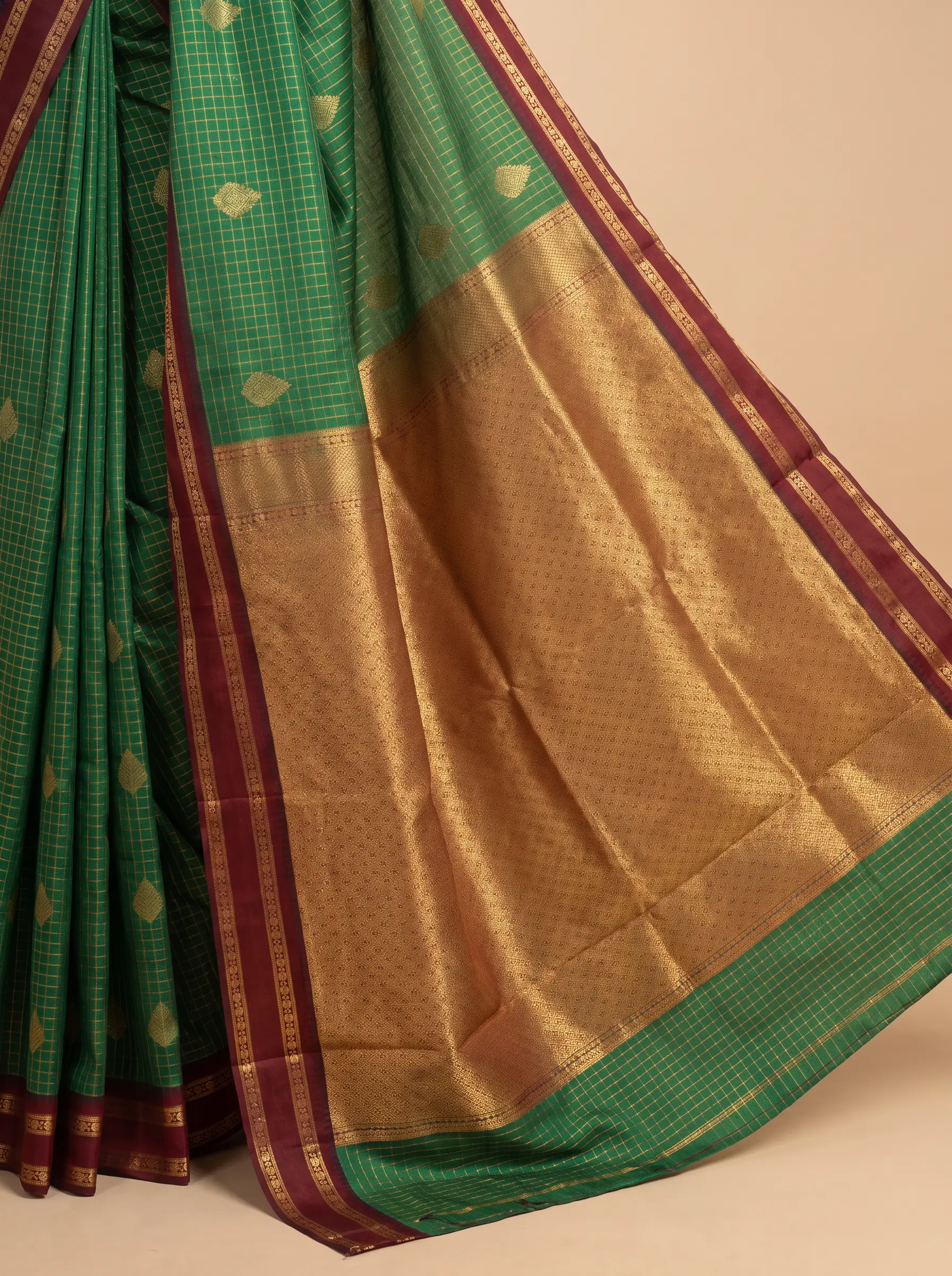 Bottle Green Semi Silk Saree With Maroon Bentex Border