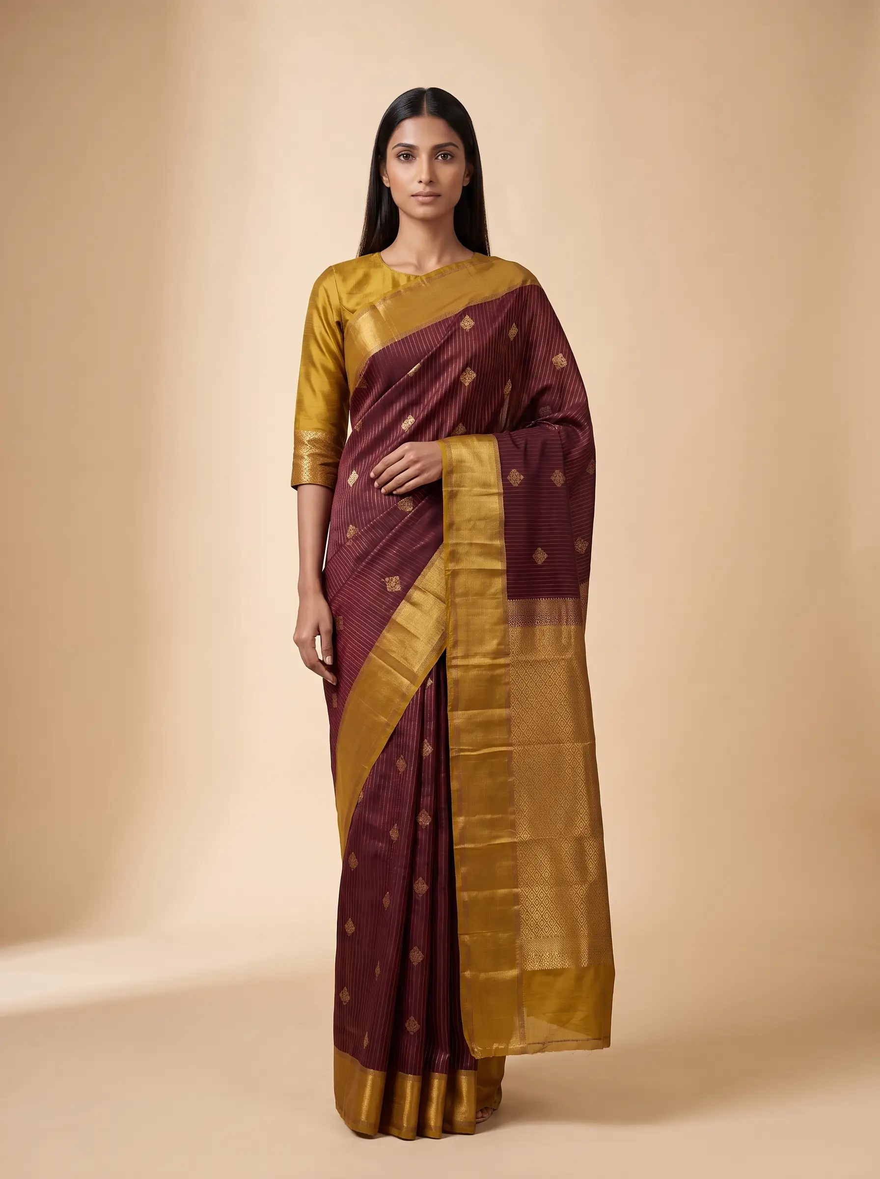 Mugdha Coffee Brown Kanjeevaram Silk Saree with Yellow Pallu