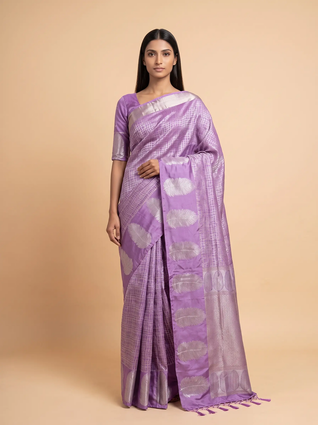 Lavender Soft Silk  With Flower Butta Fancy Border