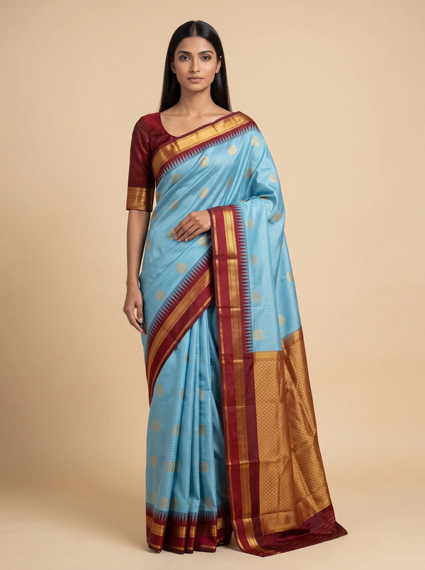 Mugdha Blue Semi Silk Saree with bentex border jacquard finish Pallu