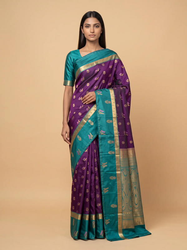 Mugdha Purple semi silk with green border