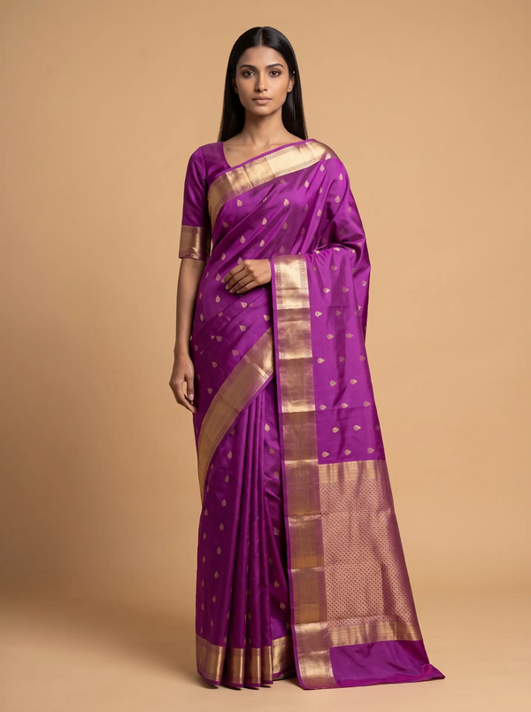 Purple Kanjeevaram Silk With Small Zari Butti Gold Zari Border