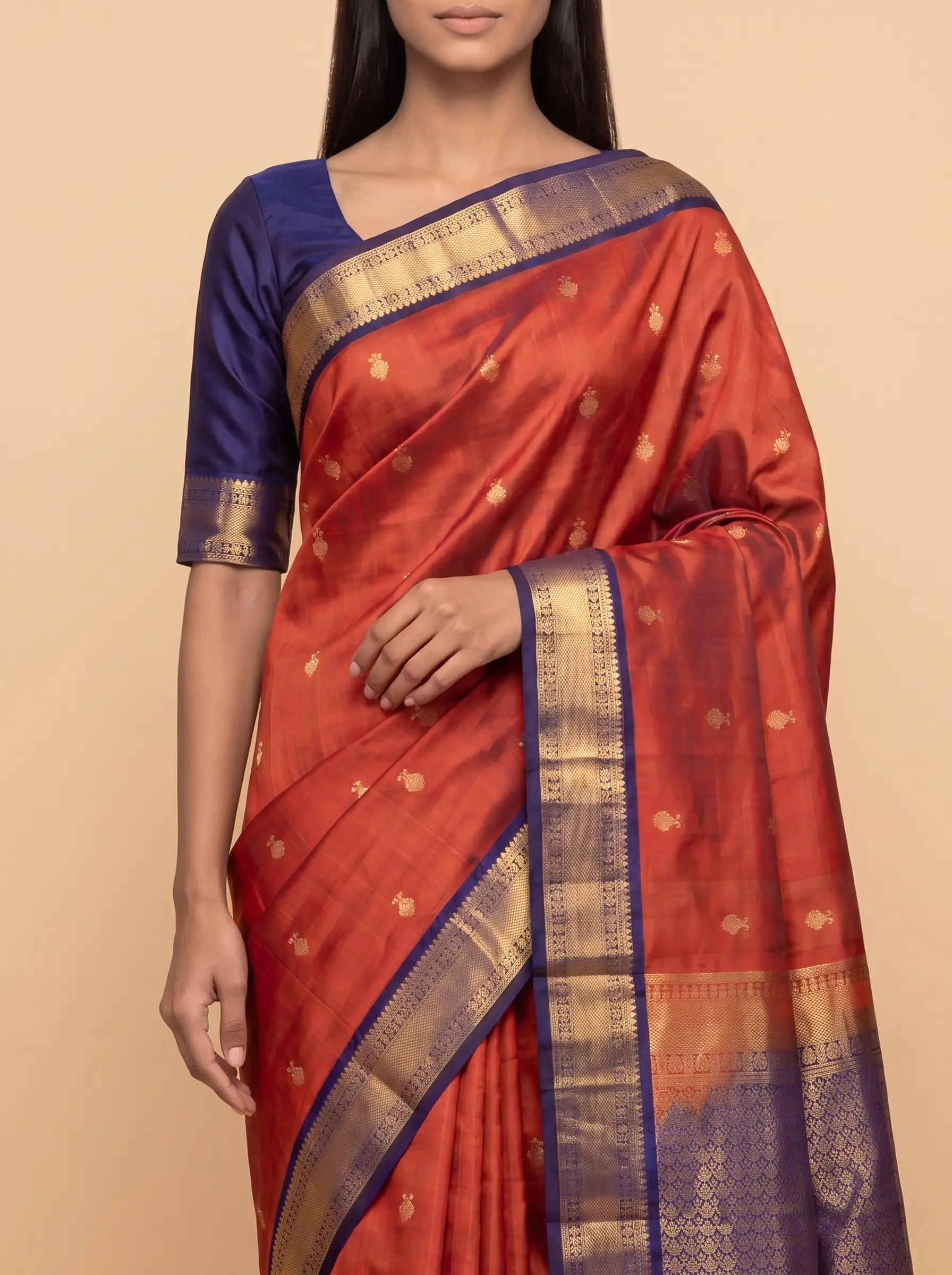 Mugdha Brown Kanjeevaram silk saree with Rich golden border