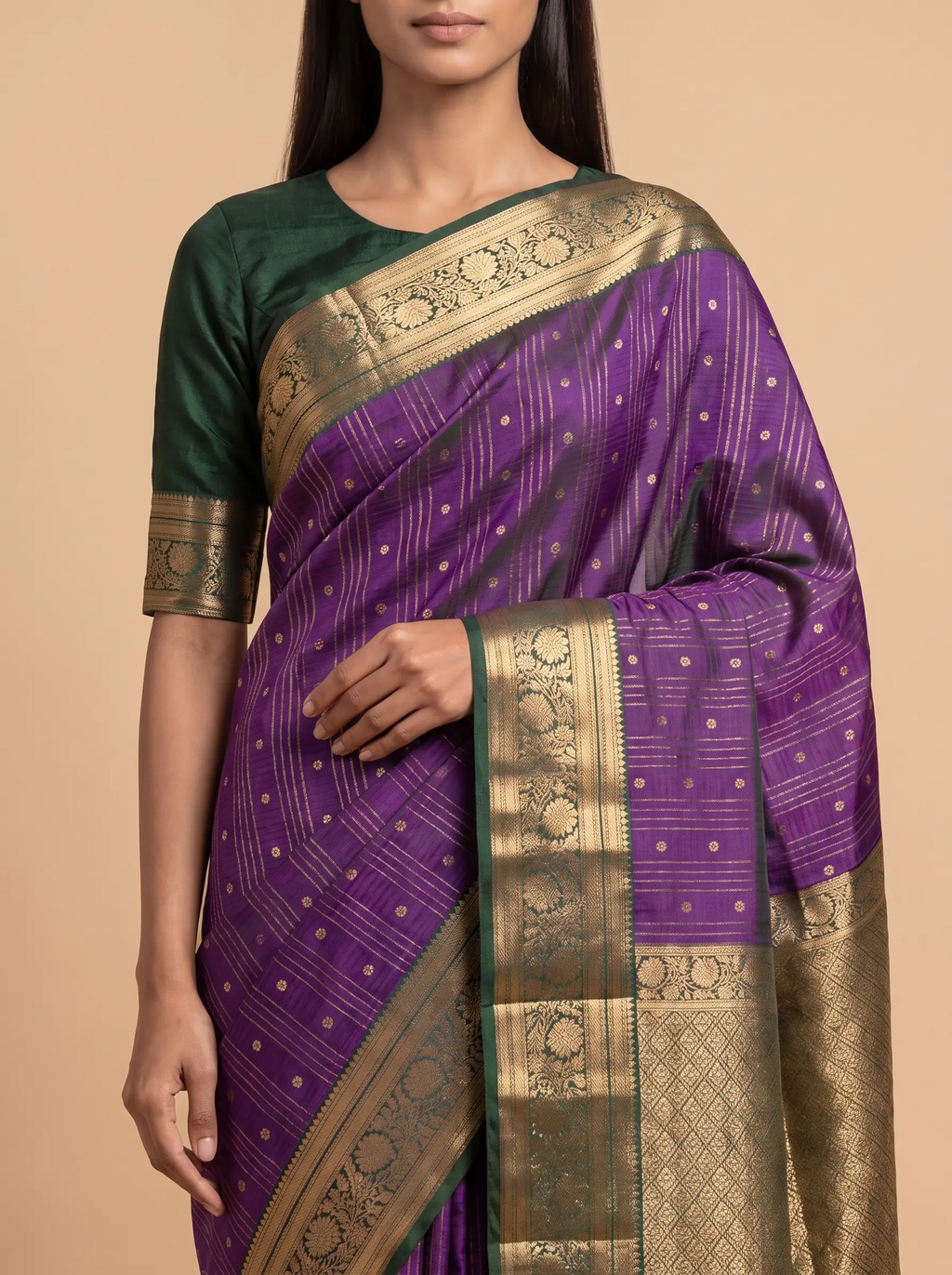 Purple Kanjeevaram Silk With Green Zari Border