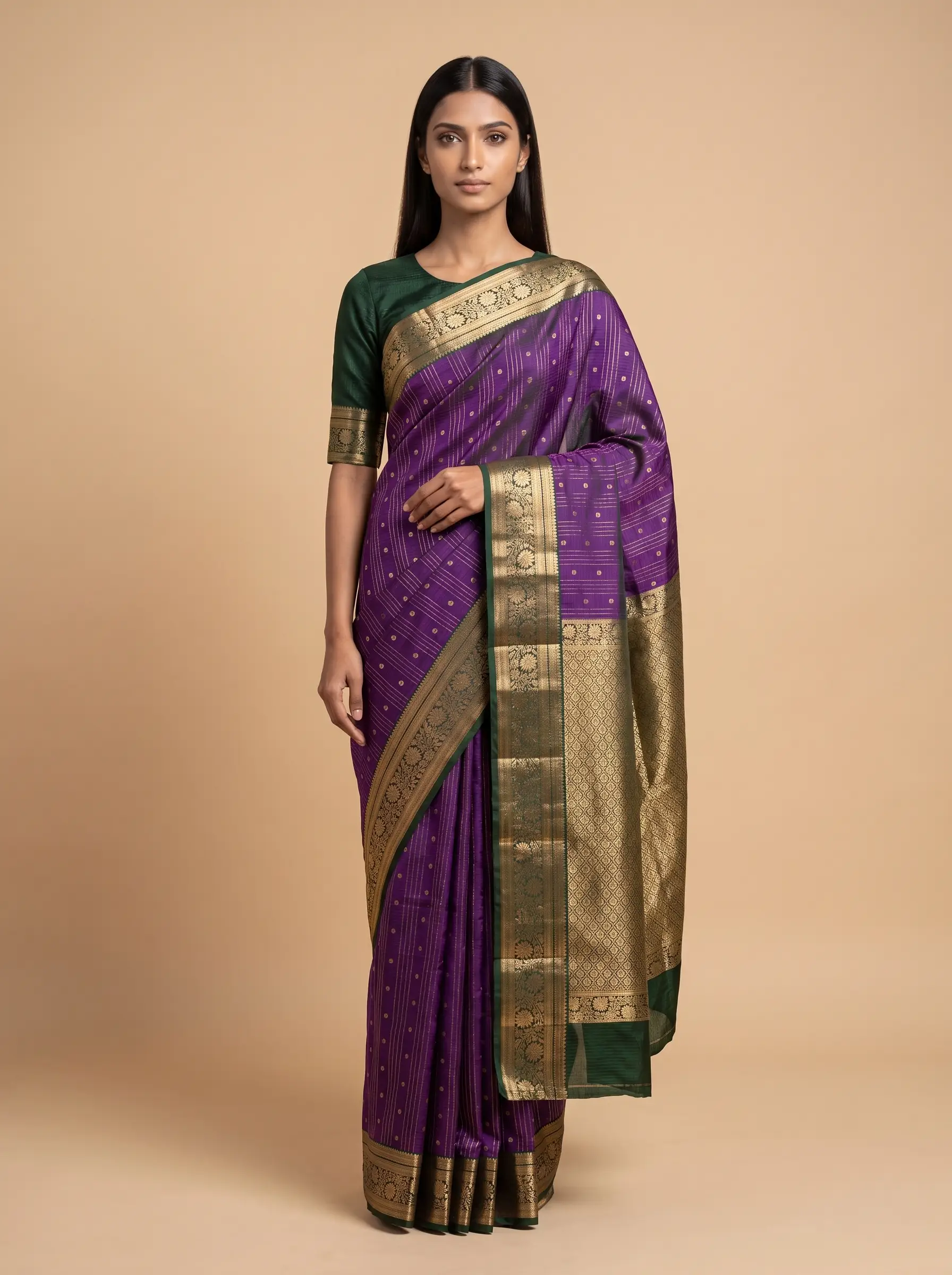 Purple Kanjeevaram Silk With Green Zari Border