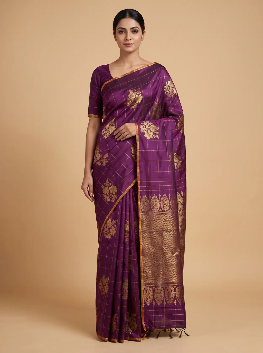 Mugdha Purple Kanjeevaram silk saree with flower butta