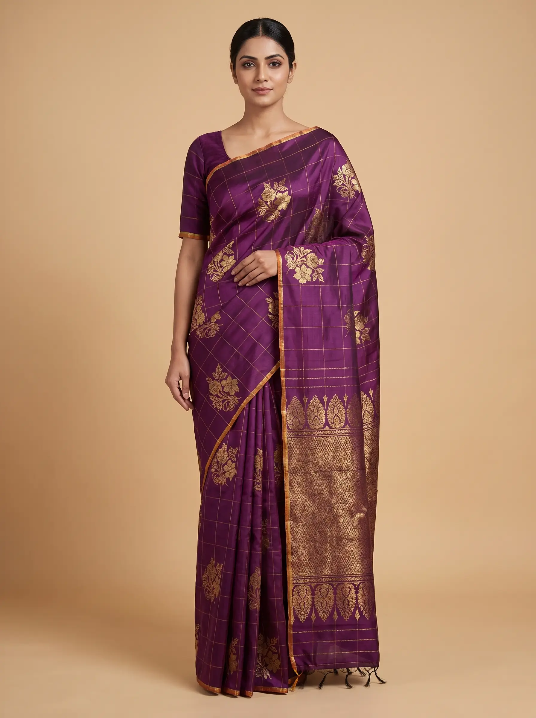 Mugdha Purple Kanjeevaram silk saree with flower butta