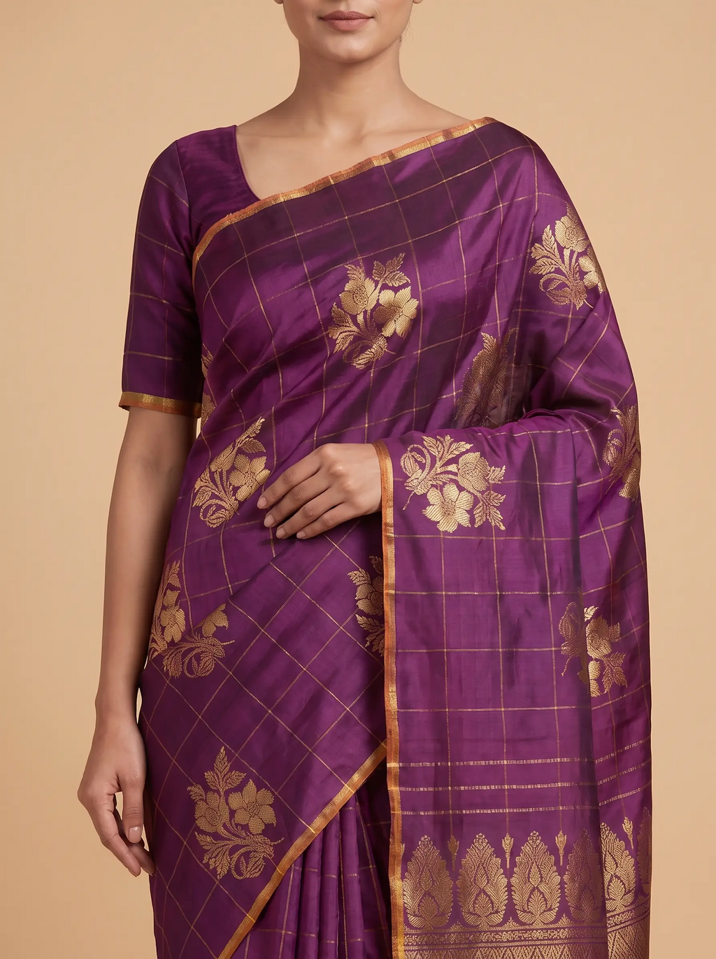 Mugdha Purple Kanjeevaram silk saree with flower butta