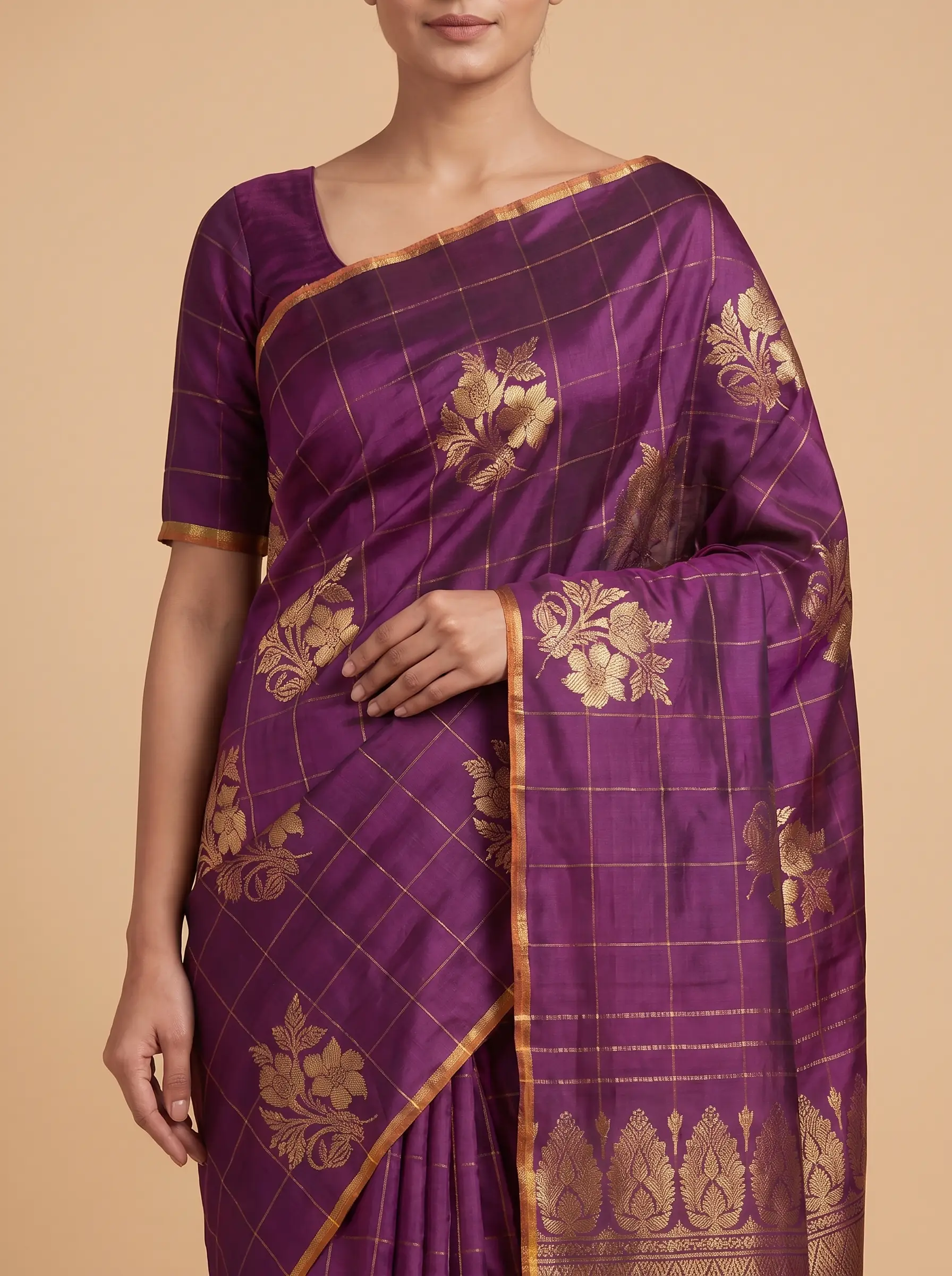 Mugdha Purple Kanjeevaram silk saree with flower butta