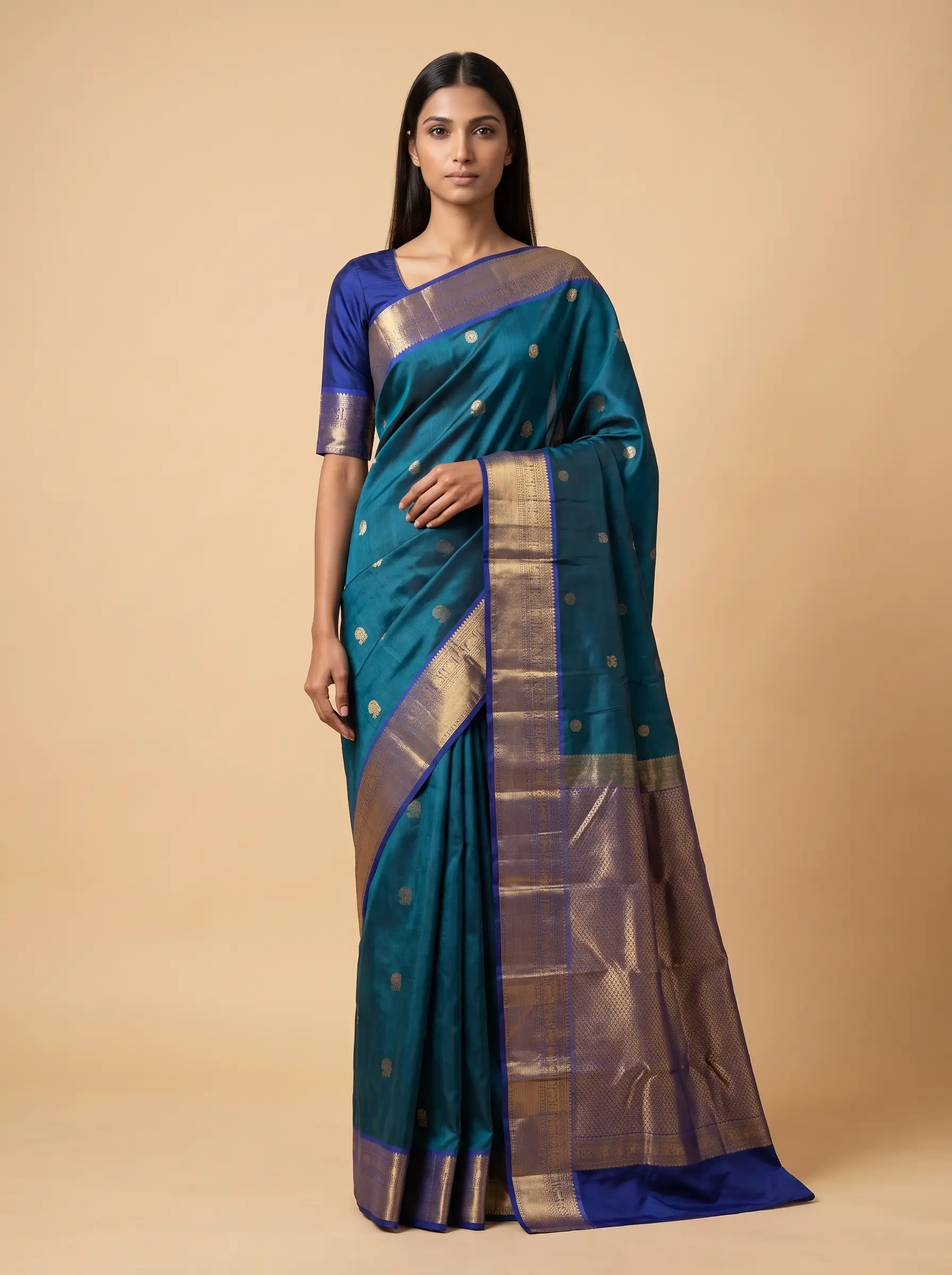 Mugdha Teal Blue Kanjeevaram Silk with Royal Blue Border