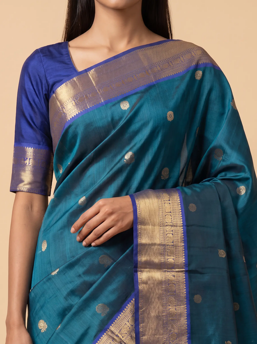 Mugdha Teal Blue Kanjeevaram Silk with Royal Blue Border