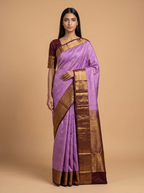 Lavender Semi Silk Saree With Maroon Border