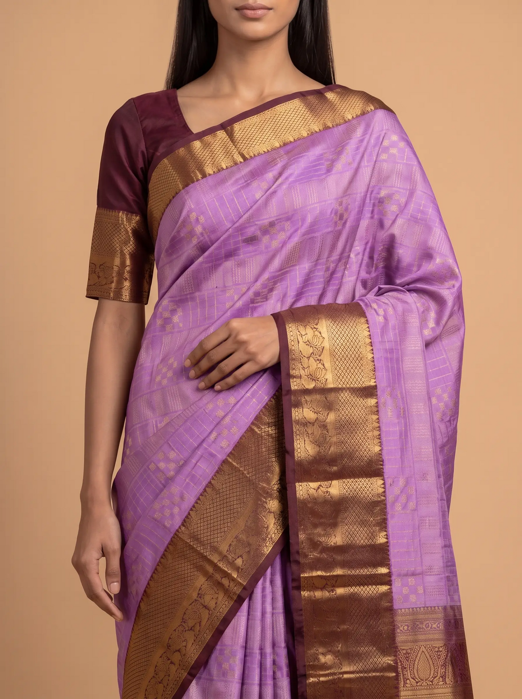 Lavender Semi Silk Saree With Maroon Border