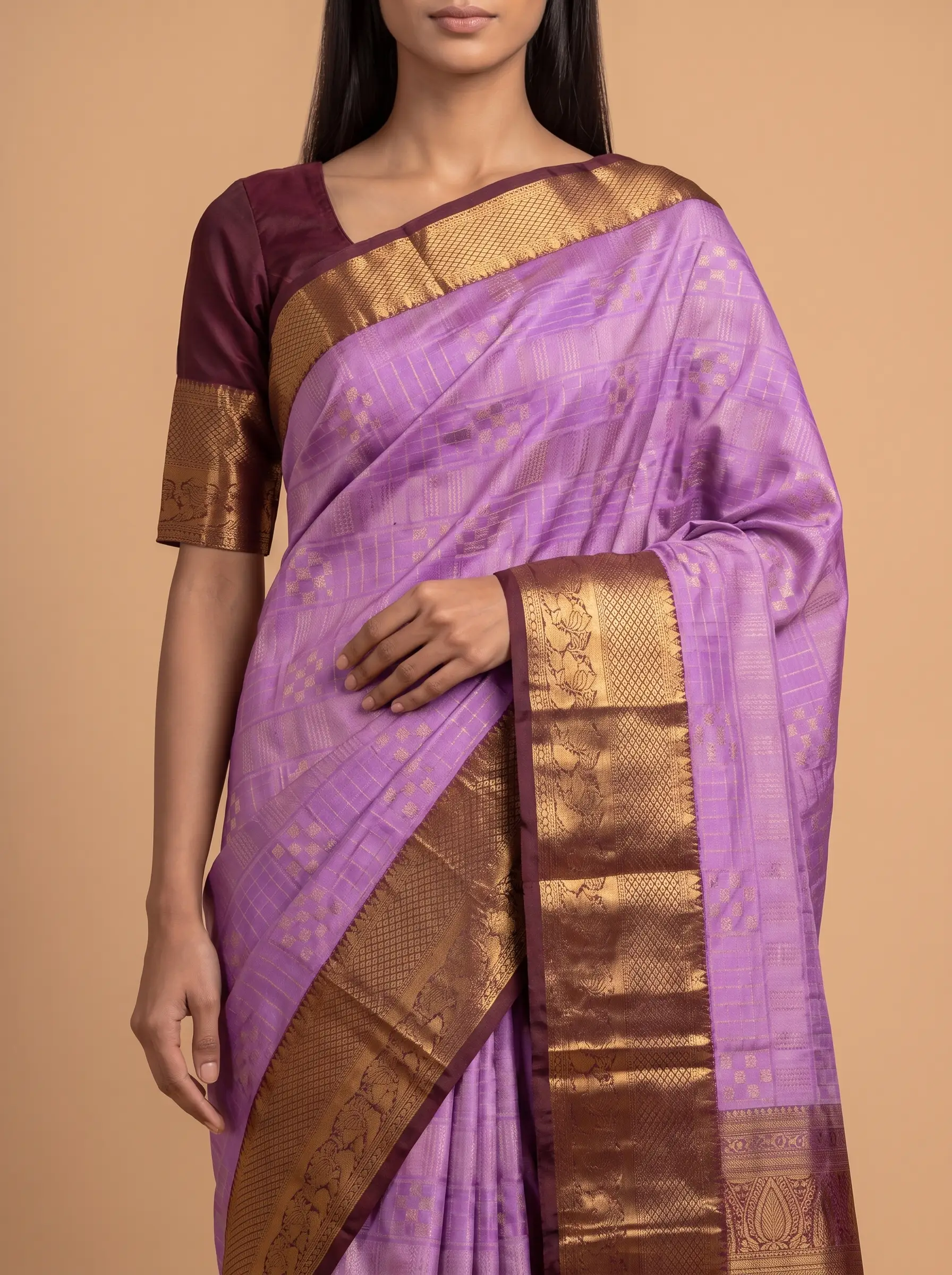 Lavender Semi Silk Saree With Maroon Border