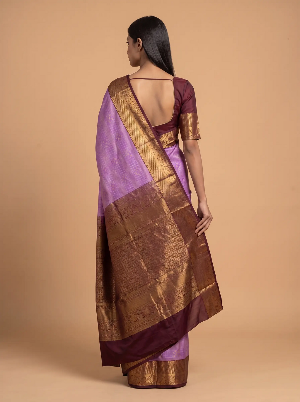 Lavender Semi Silk Saree With Maroon Border