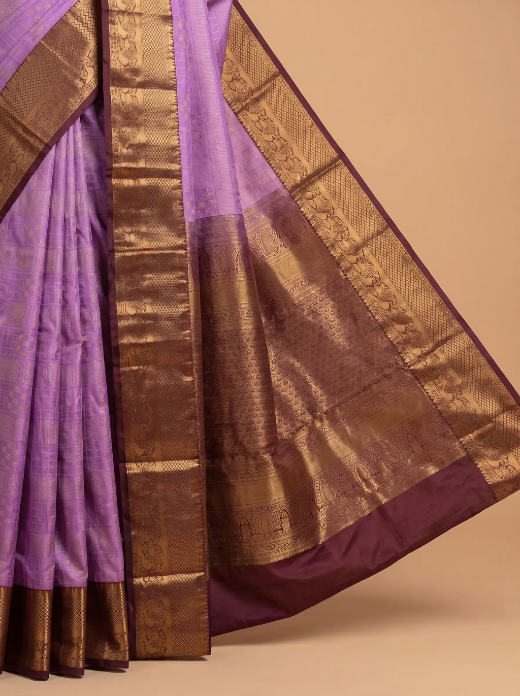 Lavender Semi Silk Saree With Maroon Border
