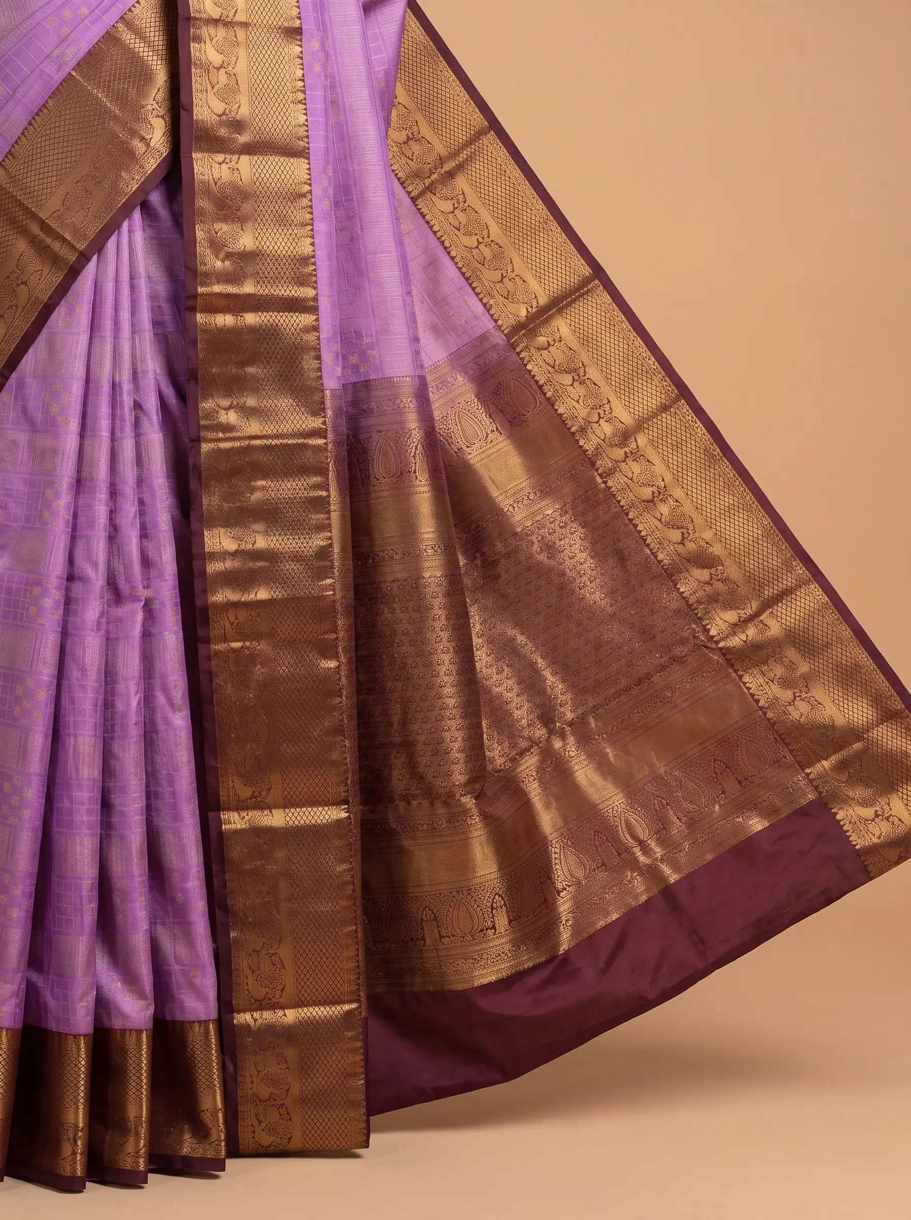 Lavender Semi Silk Saree With Maroon Border