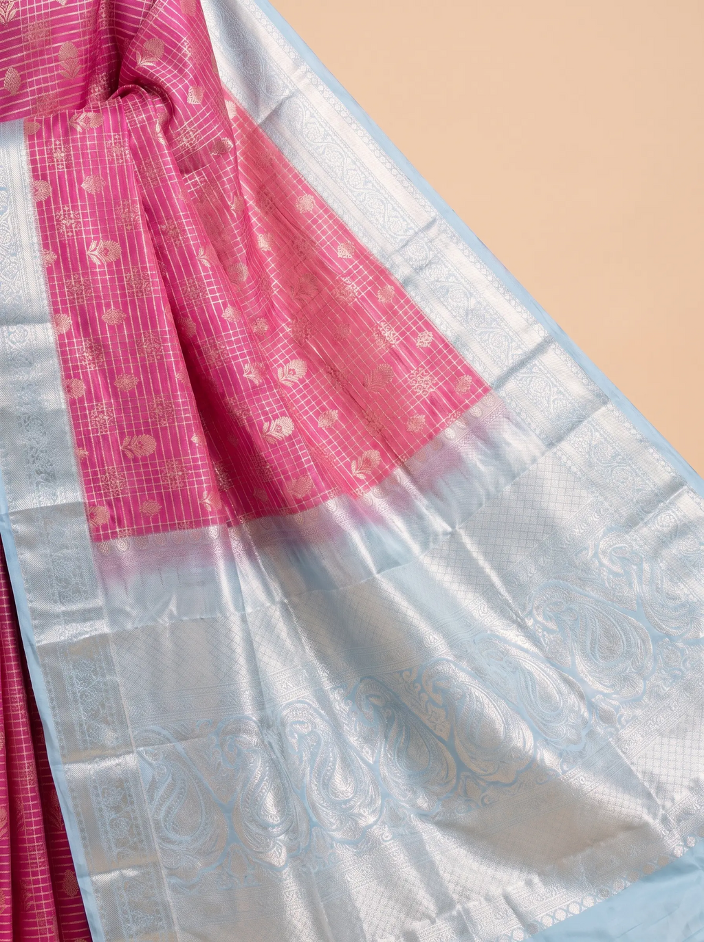 Mugdha Pink semi silk saree with silver zari border & rich zari pallu