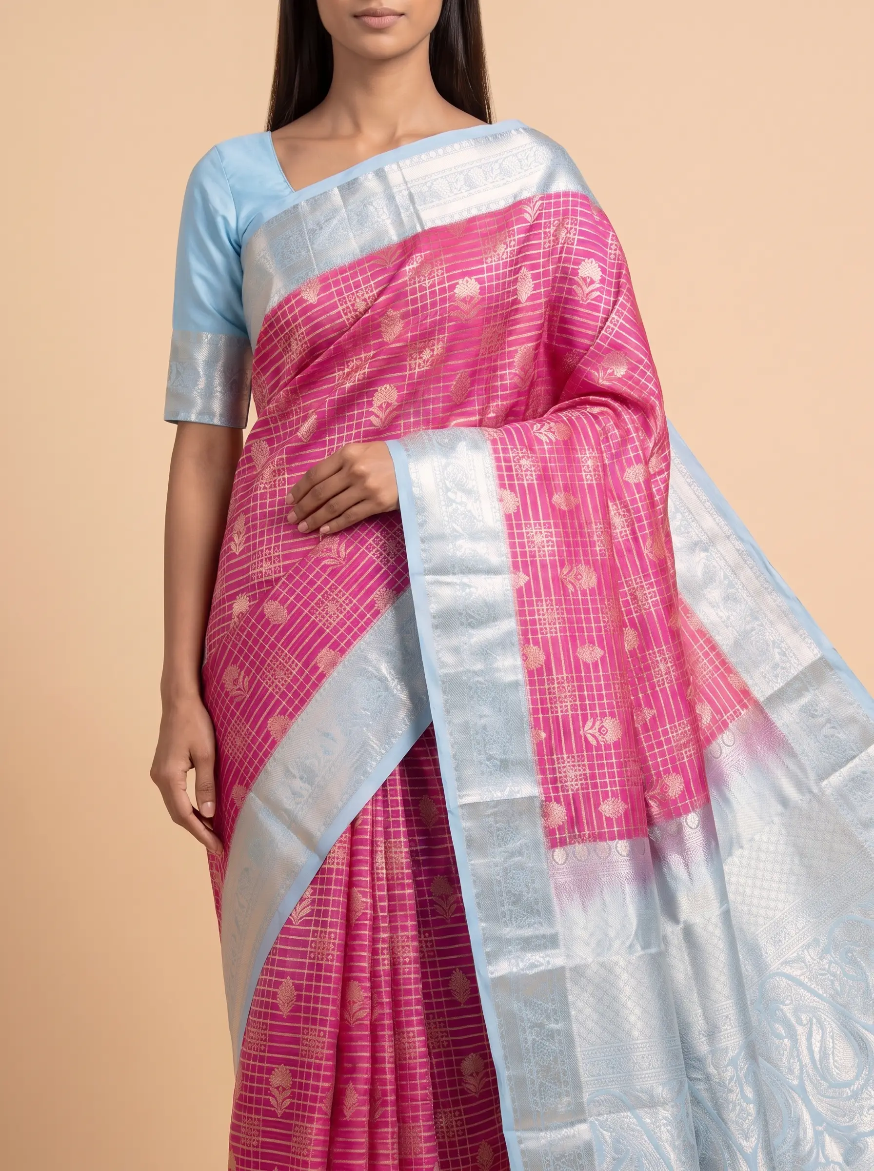 Mugdha Pink semi silk saree with silver zari border & rich zari pallu