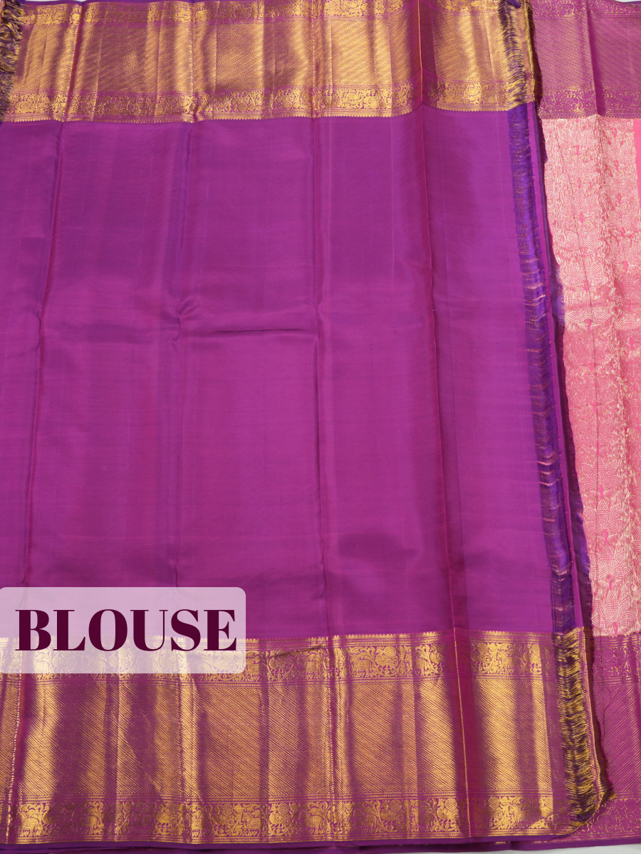 Pink Pure Kanjivaram Bridal Saree with Traditional Vanasingaram Temple Theme Border