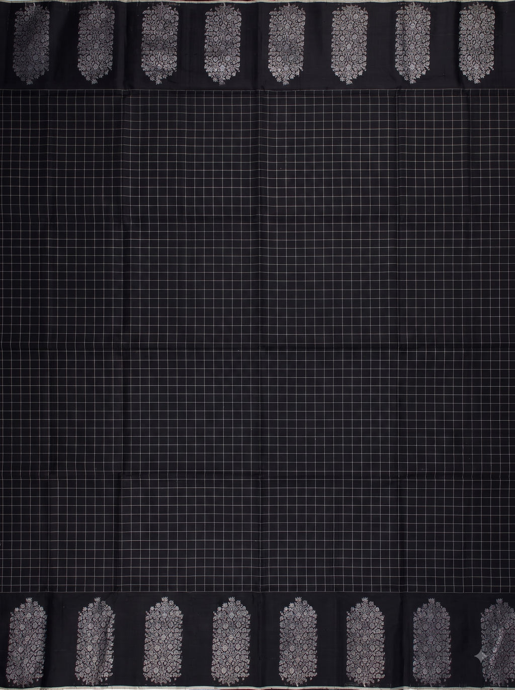Black Cream Chiniya Silk Silver Zari Checked Saree.
