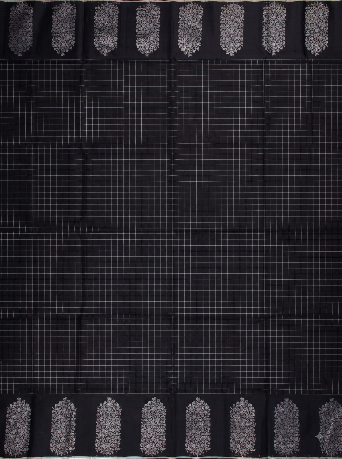 Black Cream Chiniya Silk Silver Zari Checked Saree.