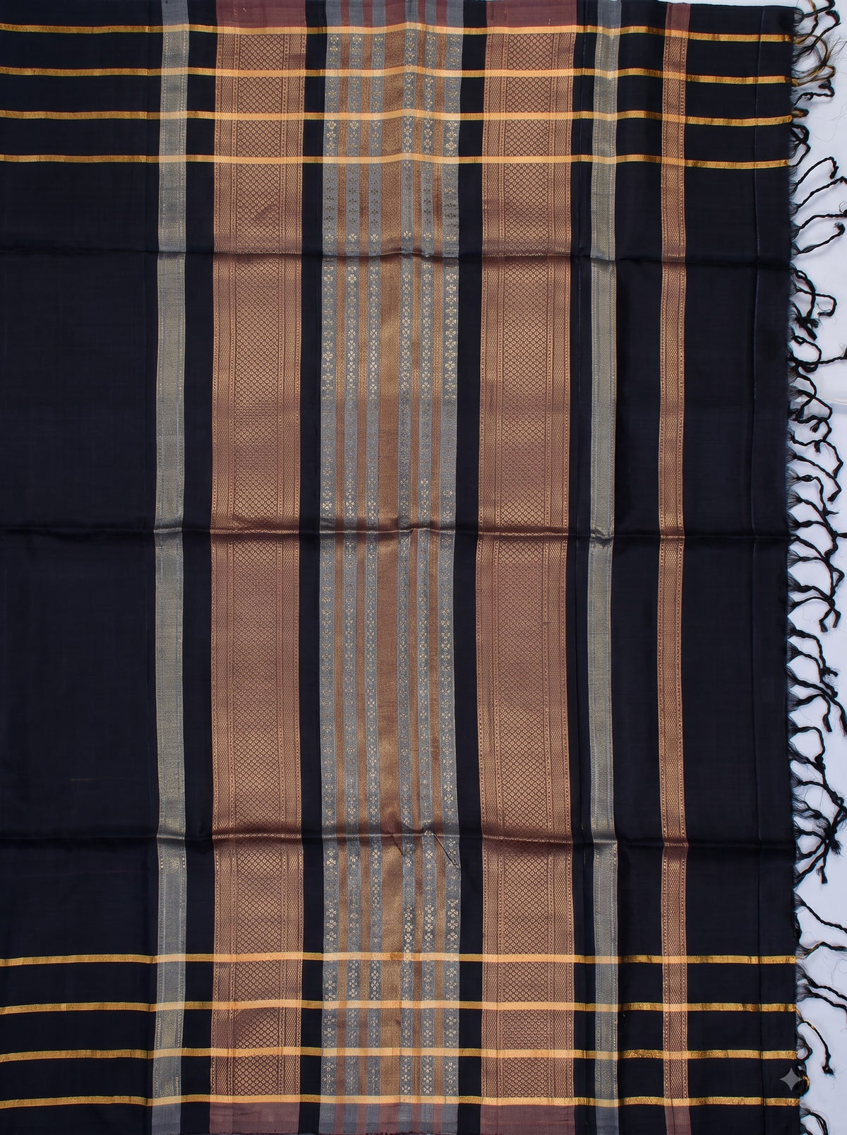 Tri-Colour Black Chiniya Silk Gold Zari Checked Saree.