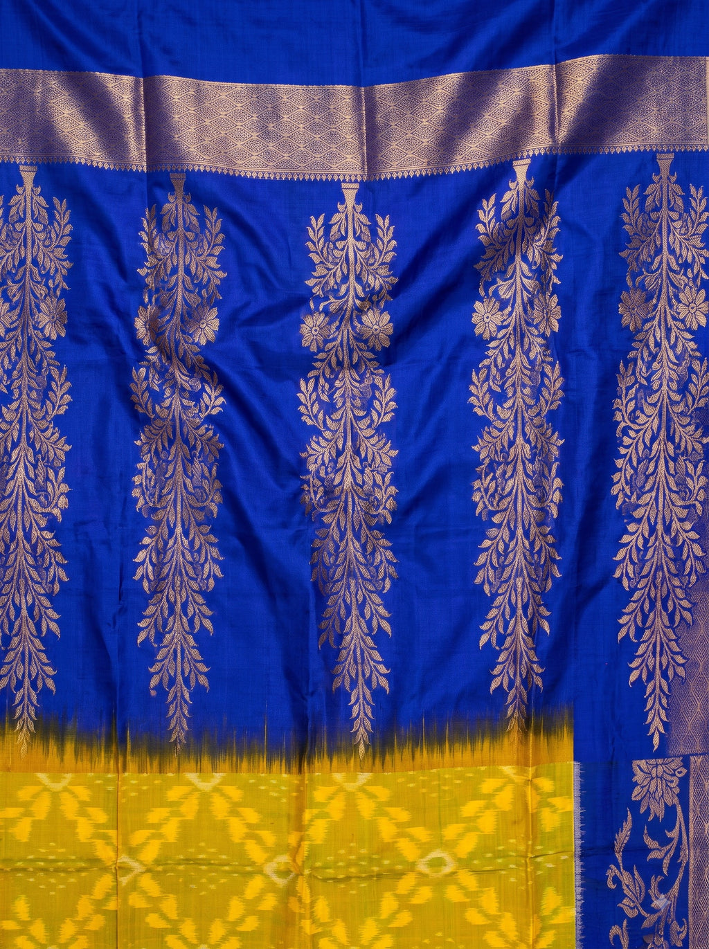 Yellow Royal Blue Chiniya Silk Gold Zari Floral Saree.