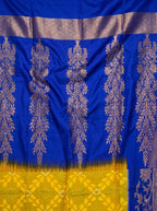 Yellow Royal Blue Chiniya Silk Gold Zari Floral Saree.